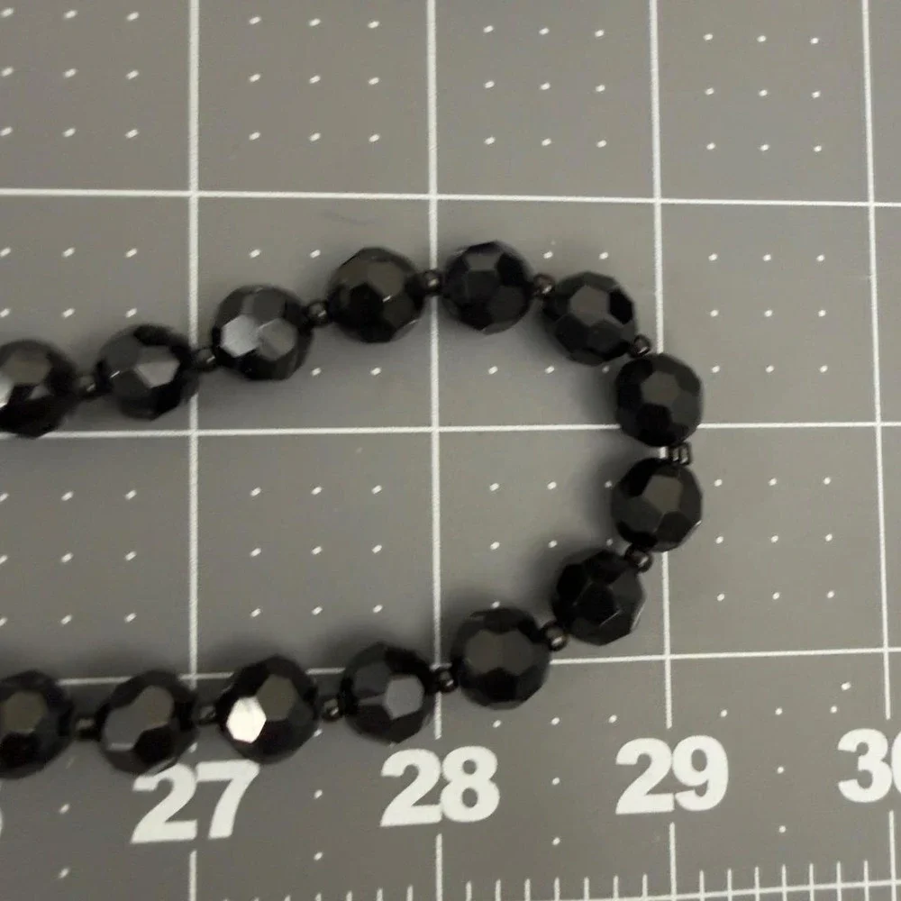 Faceted Black Beaded Necklace Crystal Long Strand Silver Tone Victorian Goth